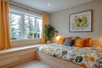 Fototapeta premium Cozy bedroom with floral bedding and natural light from large window in a peaceful setting