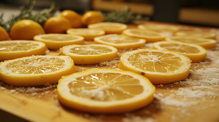 Salt spread over freshly cut lemon slices, ready for seasoning.