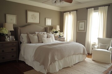 Elegant bedroom interior with warm tones and soft textures in a cozy home environment