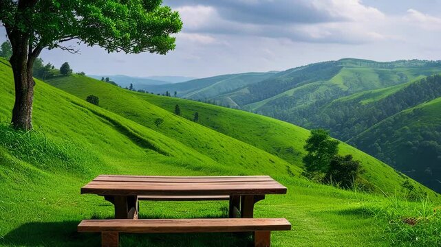 Scenic view of rolling green hills with a wooden picnic table