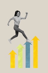 Creative trend artwork design 3D collage of leadership strategy success target aim achievement aspiration young lady run arrow ladder up