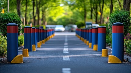 Colorful bollards line paved path in park-like setting; cars visible in background