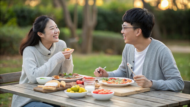 young couple eating food in the garden