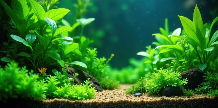 Lush green aquatic plants thrive in vibrant aquarium , jungle, fish tank, botanical