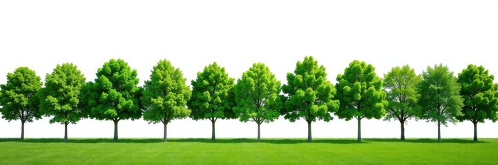 Fototapeta premium Lush green trees in a neat row against a bright white sky , clean, fresh, backdrop
