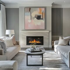 Sophisticated living room features a fireplace and modern abstract art