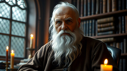 Obraz premium A charismatic elderly man with a long white beard sits in a cozy library filled with ancient books, warm candlelight casting soft shadows, deep wisdom reflecting in his eyes.