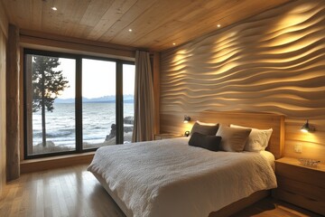 Fototapeta premium Cozy bedroom with wooden walls and a stunning ocean view at sunset in a modern house by the beach