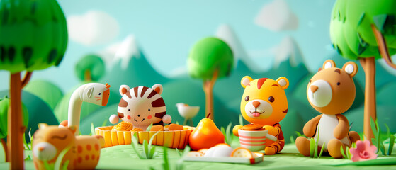Fototapeta premium Group of stuffed animals are sitting in a grassy field, with variety of food items
