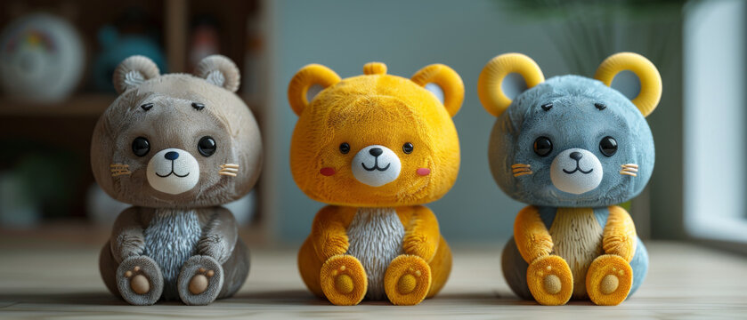 Three stuffed bears sit on a table, each with a different color, close up