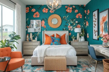 Stylish bedroom featuring floral wallpaper, vibrant decor, and modern furnishings in a cozy setting