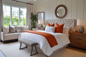 Fototapeta premium Cozy and inviting bedroom design featuring modern furnishings and bright natural light in a contemporary home