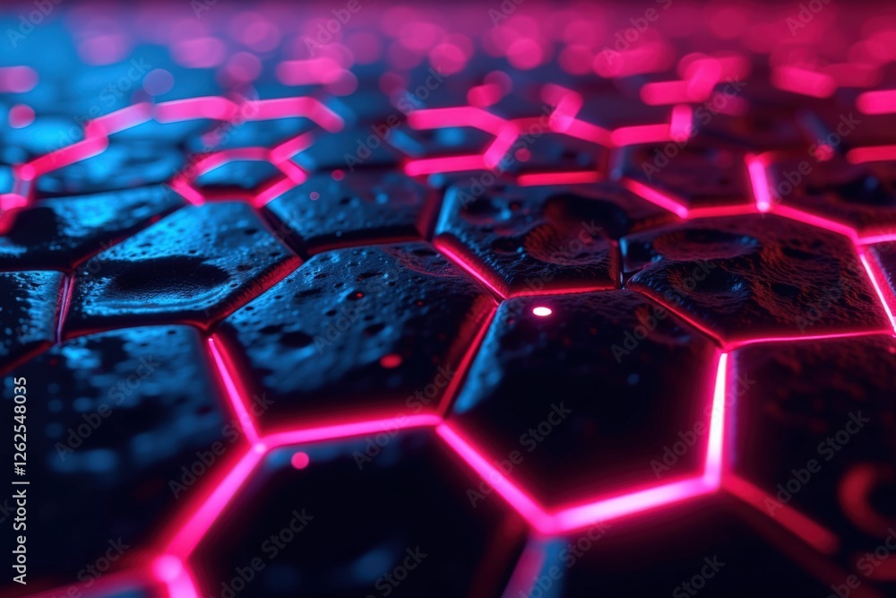 Poster futuristic hexagonal pattern with neon lights and water droplets on a surface, creating an immersive