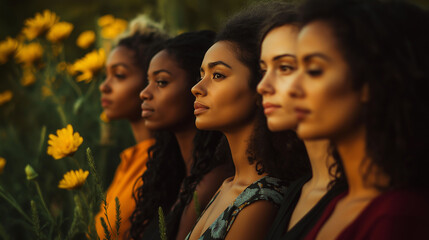 Obraz premium Each woman in a group of diverse women represents an element of nature (earth, air, fire, water), standing together in harmony
