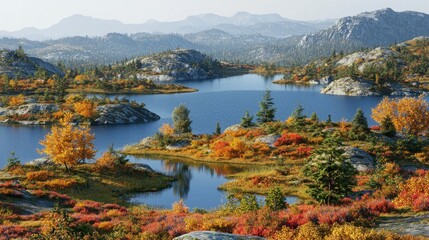 Naklejka premium Autumn mountain lake panorama; tranquil alpine scenery