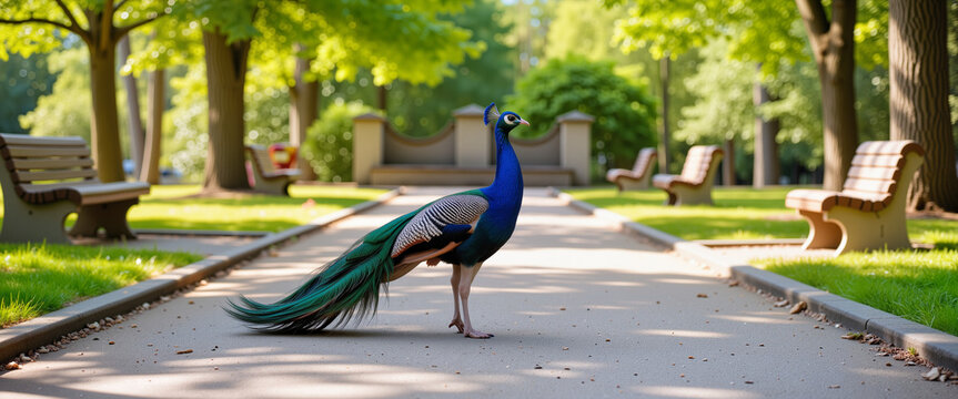 Solitary peacock standing elegantly on stone pathway in peaceful park, nature's beauty - Powered by Adobe