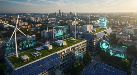Obraz premium Futuristic Green City with Wind Turbines and Smart Technology – Sustainable Urban Concept