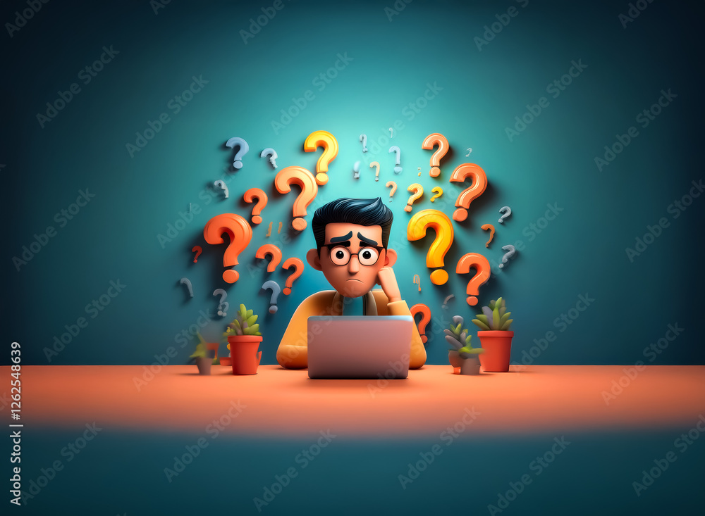 Poster a cartoon man at a desk with a laptop looks puzzled and confused, surrounded by floating question ma