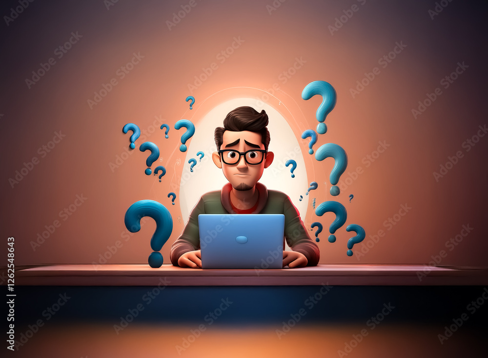 Poster a cartoon man with glasses looks perplexed at his laptop, surrounded by floating question marks. he 