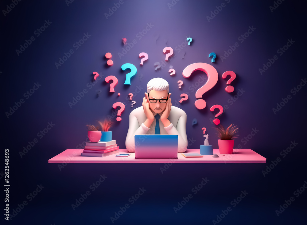 Poster a person at a desk with a laptop surrounded by floating question marks, symbolizing confusion and un