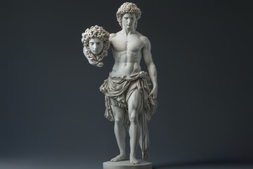 Perseus holding the head of the Gorgon Medusa. Ancient Greek and Roman mythology. Marble statue. Horizontal image.