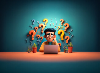 A cartoon man at a desk with a laptop looks puzzled and confused, surrounded by floating question marks. He seems overwhelmed by problems.