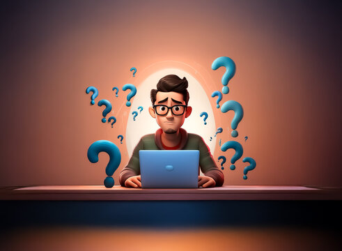 A cartoon man with glasses looks perplexed at his laptop, surrounded by floating question marks. He appears overwhelmed and uncertain while working at his desk.
