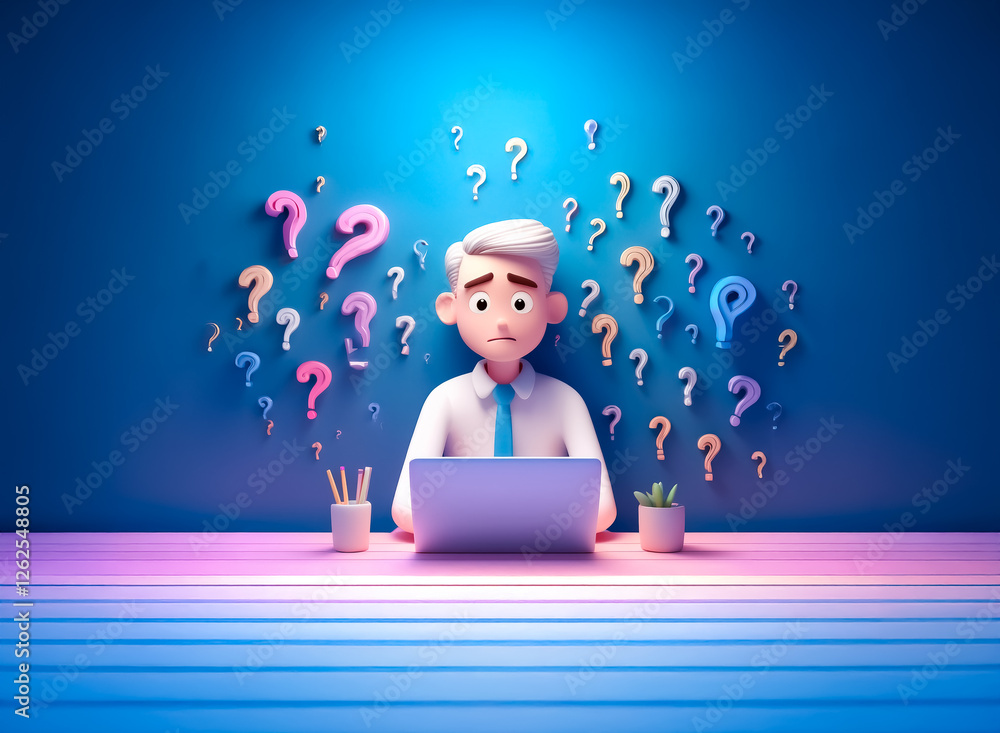 Poster a cartoon man sits at a desk with a laptop, looking perplexed as question marks float around him aga