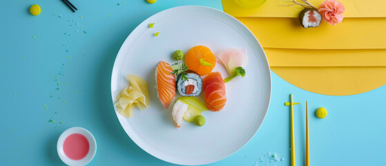 Top view plate of sushi with variety of different types of fish and vegetables