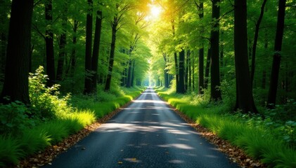 Obraz premium Narrow asphalt lane cuts through dense woodland , shadows, peaceful