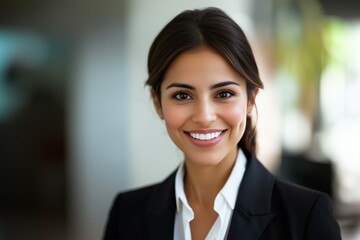 Young Hispanic Businesswoman, Corporate Manager, Smiling Confidently in a Professional Setting