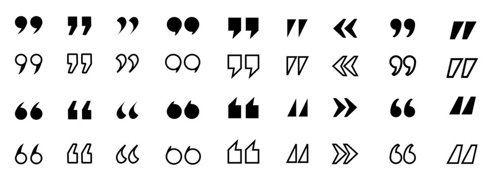 Set of quote mark. Quotes icon vector set. Quote marks outline, speech marks, inverted commas or talking marks collection. Black quotes icon. Vector illustration.