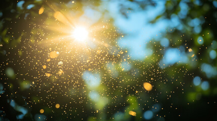 Sunlight illuminating a cloud of pollen in nature, seasonal allergies