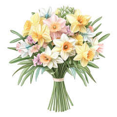 Obraz premium A bouquet of mixed daffodils in soft pastel tones, gracefully arranged with delicate greenery, created in an artistic digital illustration, transparent background, PNG