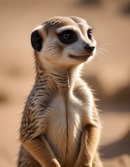 Fototapeta premium Close up of a young male meerkat standing upright, with his fur slightly ruffled by the wind The sharpness of his eyes and the texture of his fur are emphasized against a blurred desert background