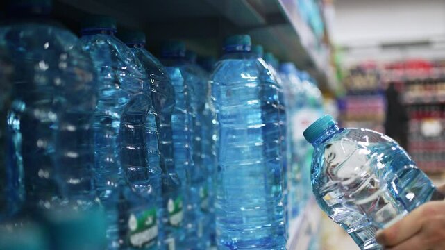 Consumer carefully selecting bottled water from refrigerated display, scanning various brands and sizes while standing in spacious supermarket aisle with multiple beverage options