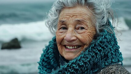 Joyful elderly woman with gray hair wearing a cozy knitted scarf smiling warmly against a blurred coastal background - Powered by Adobe