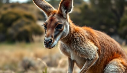 Muscular kangaroo in a bushy landscape with fur swaying in the wind