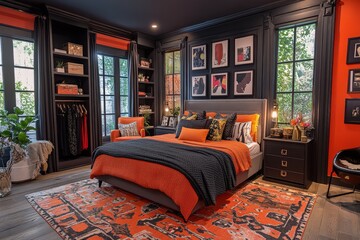 Stylish modern bedroom featuring bold colors and elegant decor elements in a cozy and inviting space