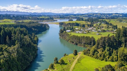 Obraz premium Scenic River Bend, Rural Landscape, Aerial View, Tranquil Valley