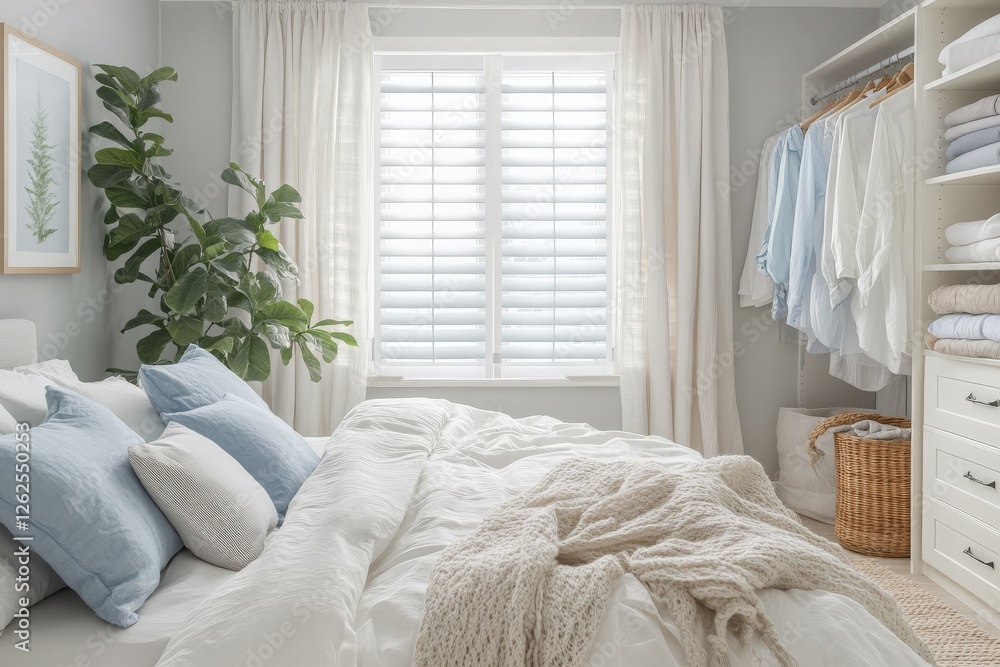 Poster cozy bedroom featuring soft linens and natural light in a serene setting with stylish decor and gree