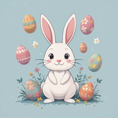 Obraz premium Cute Cartoon Bunny with Colorful Easter Eggs and Flowers in a Pastel Background for Spring Celebration