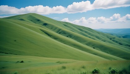 Verdant hills rolling endlessly under a crisp blue sky on a bright summer day