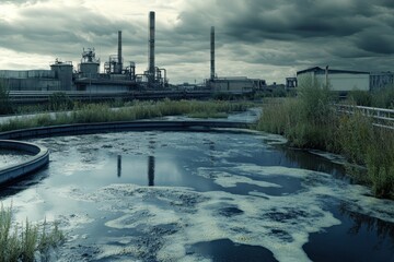 Fototapeta premium Industrial Landscape with Overcast Sky and Polluted Water Below