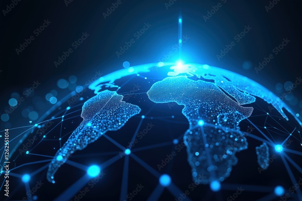 Poster a detailed view of a digitally rendered globe representing global connectivity and data exchange, hi