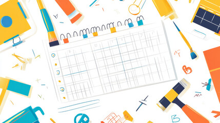 Education timetable schedule with cartoon DIY and repair tools characters. School student week time table and class plan vector template with funny hammer, screwdriver, saw, paint and brush personages