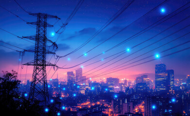 Night cityscape illuminated with vibrant lights and a towering electrical transmission tower under a starry sky