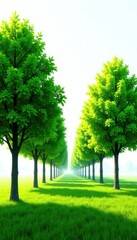 Lush green trees stand in a neat row against a bright white sky , spring, foliage, park
