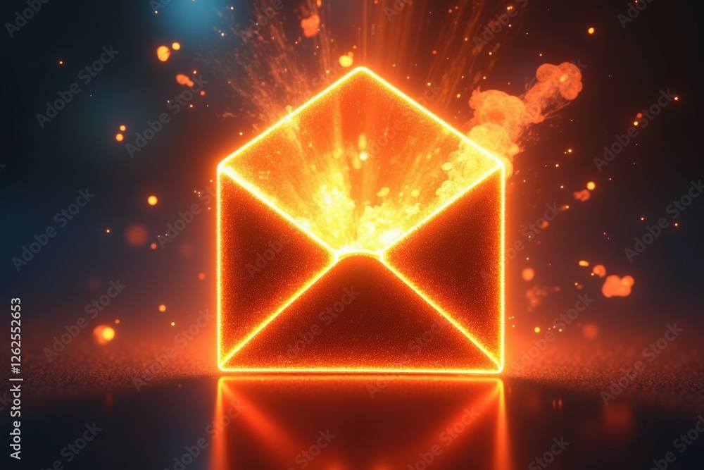 Poster a fiery explosion erupts from a bright neon envelope, representing urgent messages and powerful comm