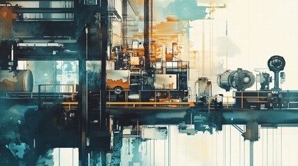 Industrial Production Line Watercolor Illustration for Engineering or Manufacturing Concepts